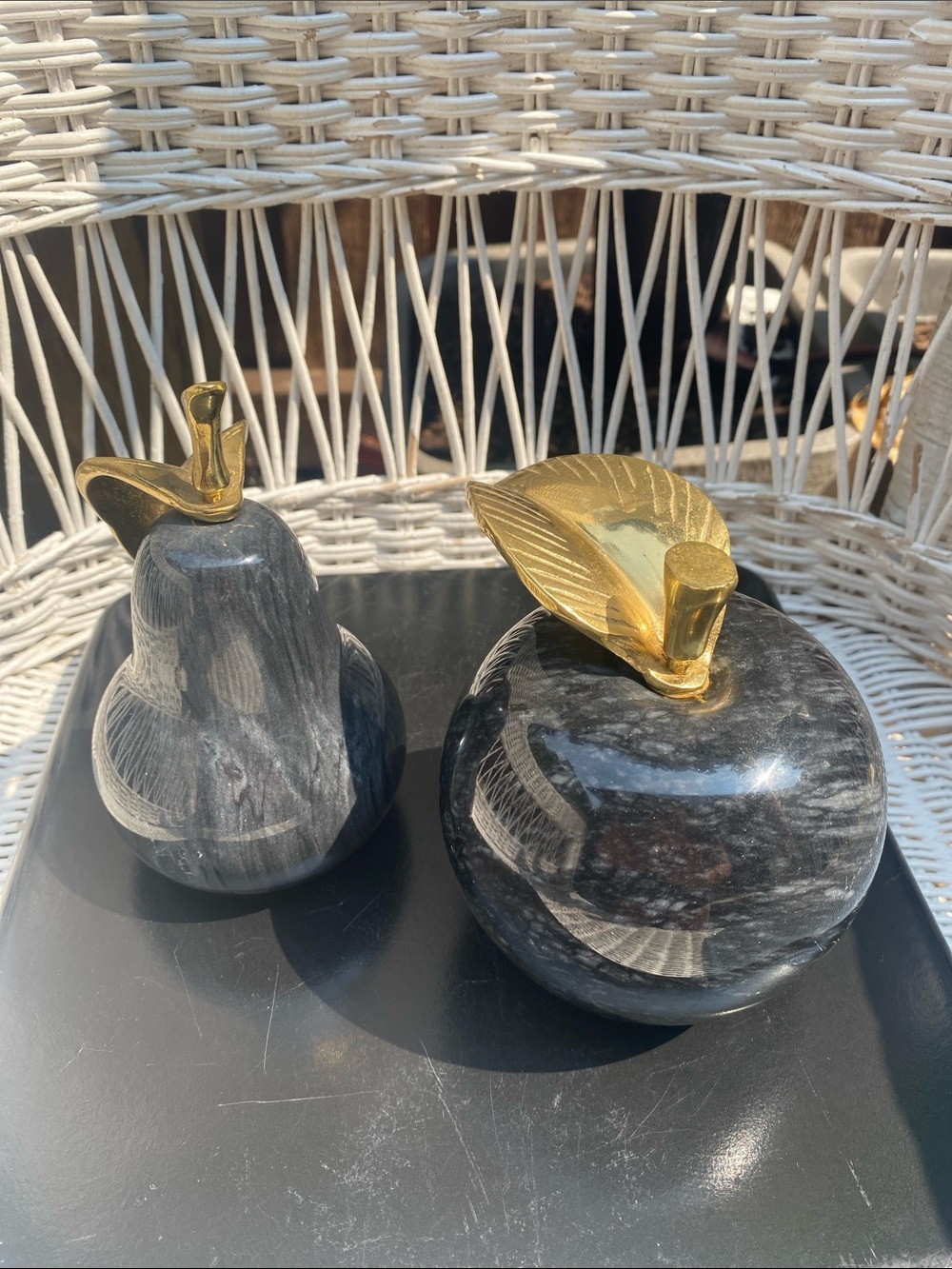 Black Marble Apple and Pear Decorative Accents with Gold Leaves